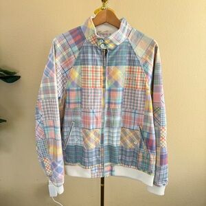 Teddy Fresh Patchwork Plaid Jacket Men L Multicolor Zip Up Embroidered Grandpa